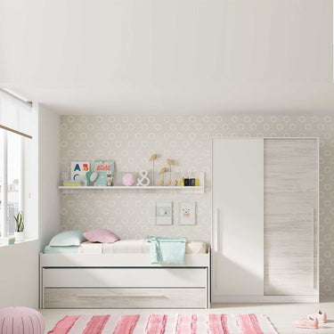 Dormitorio juvenil moderno y funcional con cama compacta, armario corredero y estante de pared en colores blanco artik y velho.