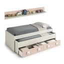Habitacion juvenil MASUYO colección TRENTO con cama compacta, estante y armario asimétrico en colores luminosos