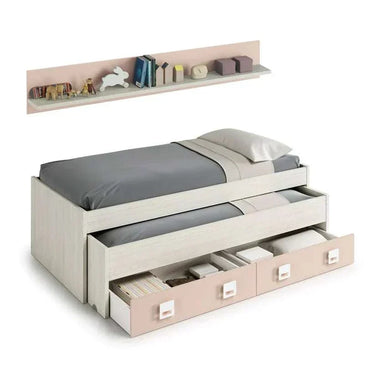Habitacion juvenil MASUYO colección TRENTO con cama compacta, estante y armario asimétrico en colores luminosos