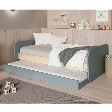 Cama nido juvenil ESTEBAN en blanco con detalles naturales y cajón inferior multifuncional.
