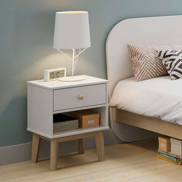 Mesita de noche ESTEBAN blanca con cajón y hueco inferior para dormitorio moderno