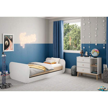 Cama nido juvenil Esteban en blanco con detalles de madera natural, diseño funcional con cajón inferior convertible y somier incluido.