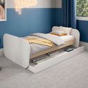 Cama nido juvenil ESTEBAN en blanco con detalles de madera natural y cajón inferior extraíble.