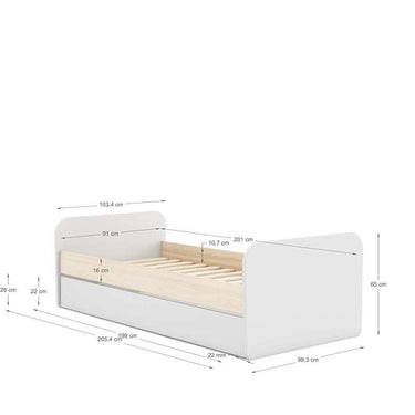 Cama nido juvenil ESTEBAN en blanco y madera natural con cajón inferior y somier, diseño versátil y elegante para habitaciones infantiles o juveniles.