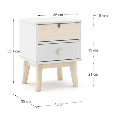 Mesita de noche 2C mod ESFANIA blanca con dos cajones y diseño compacto para dormitorios infantiles o juveniles