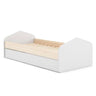 Cama nido juvenil ESFANIA en blanco con detalles madera natural y cajón inferior con ruedas para almacenaje o segunda cama