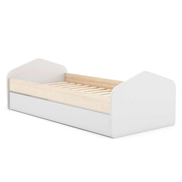 Cama nido juvenil ESFANIA en blanco con detalles madera natural y cajón inferior con ruedas para almacenaje o segunda cama