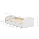 Cama nido juvenil ESFANIA en blanco con detalles en madera natural y cajón inferior con ruedas para almacenaje o segunda cama.