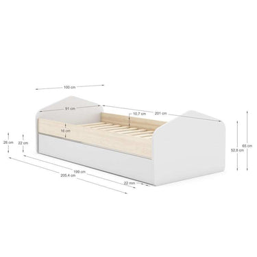 Cama nido juvenil ESFANIA en blanco con detalles en madera natural y cajón inferior con ruedas para almacenaje o segunda cama.