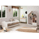 Cama nido juvenil ESFANIA en acabado blanco con detalles en madera natural, diseño práctico y acogedor para dormitorios infantiles y juveniles.