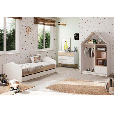 Cama nido juvenil ESFANIA en acabado blanco con detalles en madera natural, diseño práctico y acogedor para dormitorios infantiles y juveniles.