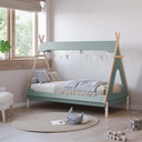 Cama casita infantil TIPI de madera natural y laminado, diseño tipo cabaña para colchón 90x190 cm en colores blanco cera y kaki cera