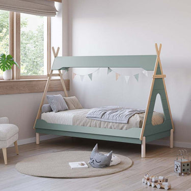 Cama casita infantil TIPI de madera natural y laminado, diseño tipo cabaña para colchón 90x190 cm en colores blanco cera y kaki cera