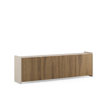 Mueble TV grande de roble con estructura crema y puertas, diseño moderno y almacenamiento amplio