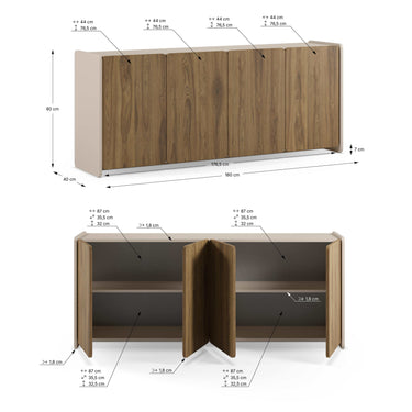 Aparador salón bajo BOUCLEON en roble con cuatro puertas y estructura crema elegante y moderno
