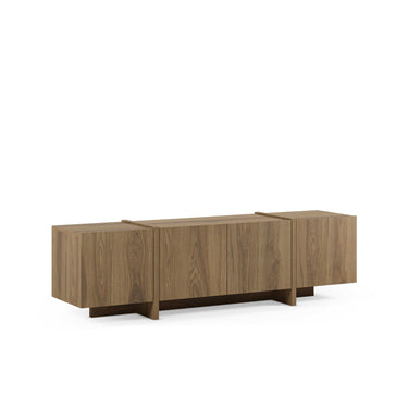 Mueble TV VOLIA Roble 180 cm con puertas y patas combinadas en salón moderno