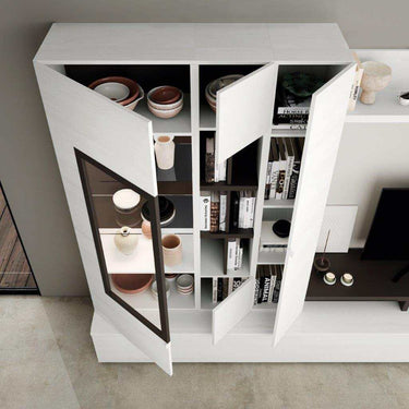 Mueble salón composición CATANIA 2 ambiente 4 estilo minimalista nórdico color madera y blanco