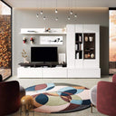 Mueble salón composición CATANIA 2 ambiente 4 diseño nórdico minimalista color polar artesán nuez ébano estructura de 300 cm con vitrina apilable y mueble bajo TV