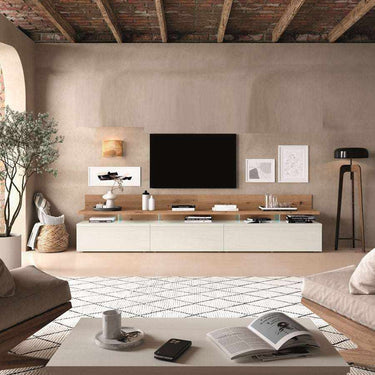 Mueble TV CATANIA 2 mod. LED grande, estilo nórdico y funcional con iluminación LED, disponible en 240 cm y 270 cm.