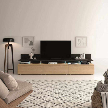 Mueble TV comedor CATANIA 2 con iluminación LED y estilo nórdico, disponible en 240 y 270 cm.