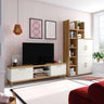Composición salón-comedor BOLONIA estilo nórdico moderno con muebles de madera y estanterías integradas.