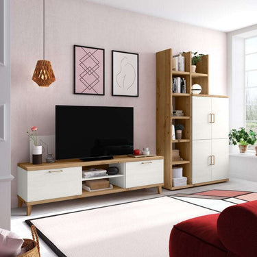 Composición salón-comedor BOLONIA estilo nórdico moderno con muebles de madera y estanterías integradas.