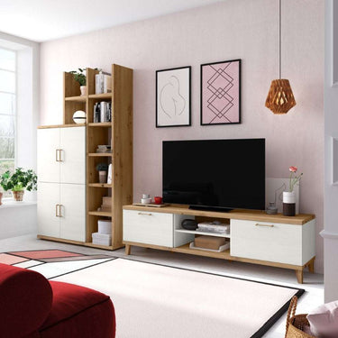 Composición salón-comedor BOLONIA moderna y funcional con muebles de madera clara y diseño nórdico minimalista.