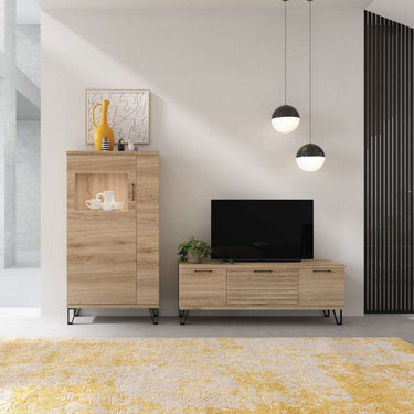Mueble salón comedor BOLONIA moderno con vitrina y módulo TV en madera de alta calidad
