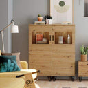 Vitrina salón comedor BOLONIA baja de diseño moderno en colores ARTISÁN, ROBLE NATURAL y POLAR, fabricada en España con materiales resistentes y acabados elegantes.