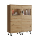 Vitrina salón comedor BOLONIA baja de diseño moderno en colores ARTISÁN, ROBLE NATURAL y POLAR, fabricada en España con materiales resistentes y acabados elegantes.
