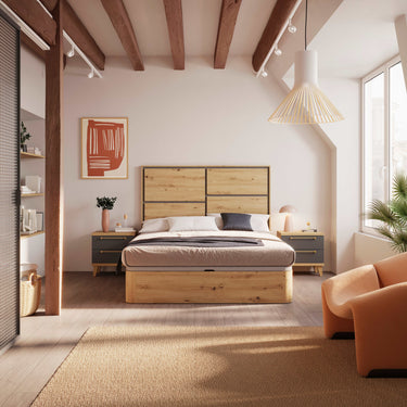 Mueble dormitorio matrimonio GENOVA color Artisan y Ébano con cabecero y mesitas opcionales diseño contemporáneo fabricado en España