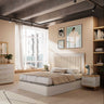 Composición dormitorio de matrimonio Genova con cabecero minimalista y mesitas de dos cajones elegante