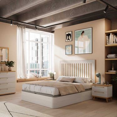 Composición dormitorio de matrimonio Genova con cabecero minimalista y mesitas de dos cajones elegante