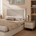 Composición dormitorio de matrimonio Génova con cabecero minimalista y mesitas de dos cajones en colores variados
