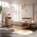 Composición dormitorio de matrimonio Génova con cabecero y mesitas elegantes de estilo nórdico en varios colores.