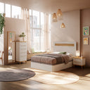 Composición dormitorio de matrimonio Génova con cabezal y mesitas nórdicas de dos cajones en varios colores