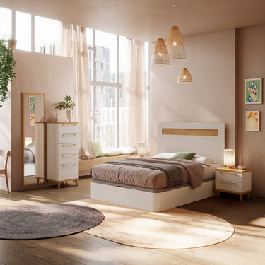Composición dormitorio de matrimonio Génova con cabezal y mesitas nórdicas de dos cajones en varios colores