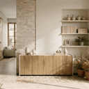 Aparador salón bajo BOUCLEON Roble con cuatro puertas de acabado roble y estructura crema