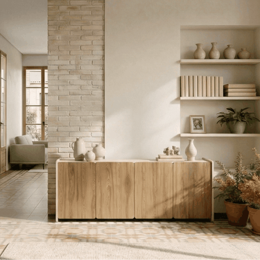 Aparador salón bajo BOUCLEON Roble con cuatro puertas de acabado roble y estructura crema