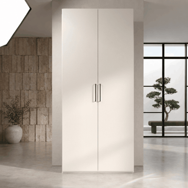 Armario 2 puertas CAPRI de madera con tiradores negros, diseño compacto y funcional para espacios reducidos