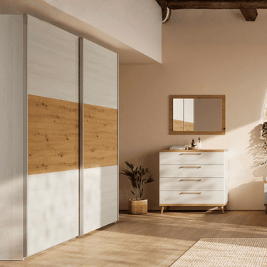 Armario corredero GÉNOVA 180 cm con dos puertas bicolor y acabado en madera natural y detalles en grafito.
