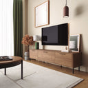 Mueble TV Napoli moderno en color Nogal y Arena con cantos redondeados y patas metálicas