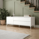 Mueble TV salón comedor Mueble bajo 1 puerta 2 cajones acabado madera natural diseño contemporáneo