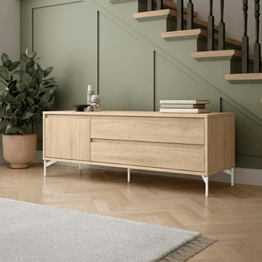 Mueble TV salón comedor TIVOLI con 1 puerta y 2 cajones personalizado en colores y patas, diseño contemporáneo y fabricación sostenible en España