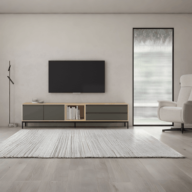 Mueble TV salón TIVOLI 220 cm minimalista con cubo integrado y puertas abatibles