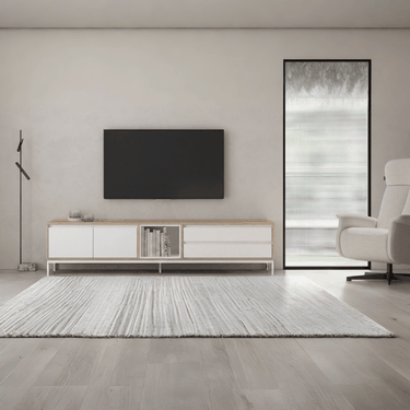 Mueble TV salón TIVOLI 220 cm con cubo integrado y puertas abatibles en diseño minimalista