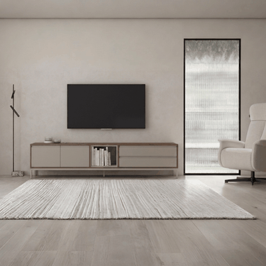 Mueble TV salón TIVOLI 220 cm minimalista con cubo integrado y puertas abatibles en colores personalizables