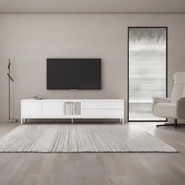 Mueble TV salón TIVOLI de 220 cm con diseño minimalista, cubo integrado y puertas abatibles en colores personalizables
