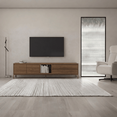 Mueble TV salón TIVOLI 220 cm minimalista con cubo integrado y acabado bicolor