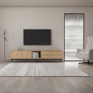 Mueble TV salón TIVOLI de 220 cm con diseño minimalista y cubo integrado